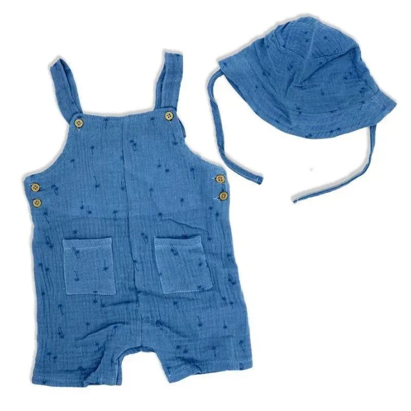 Rose Textiles – 2Pk Baby Boy Muslin Dungaree & Hat Set, Palm Tree