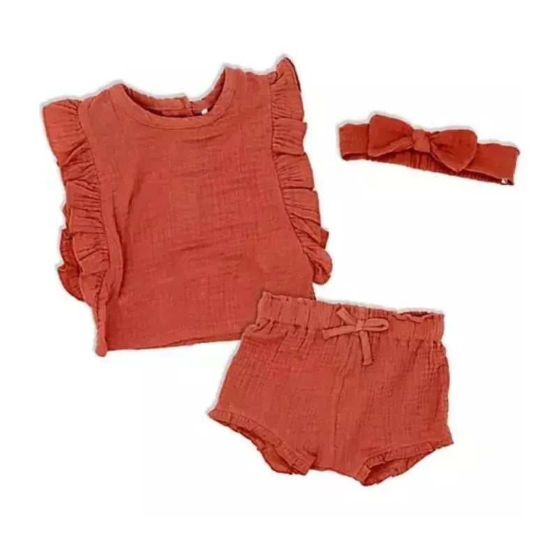 Rose Textiles – 3Pk Baby Girl Muslin Short Set, Terracotta