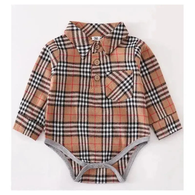 Honeydew – Beige Plaid Button Down Boy Romper
