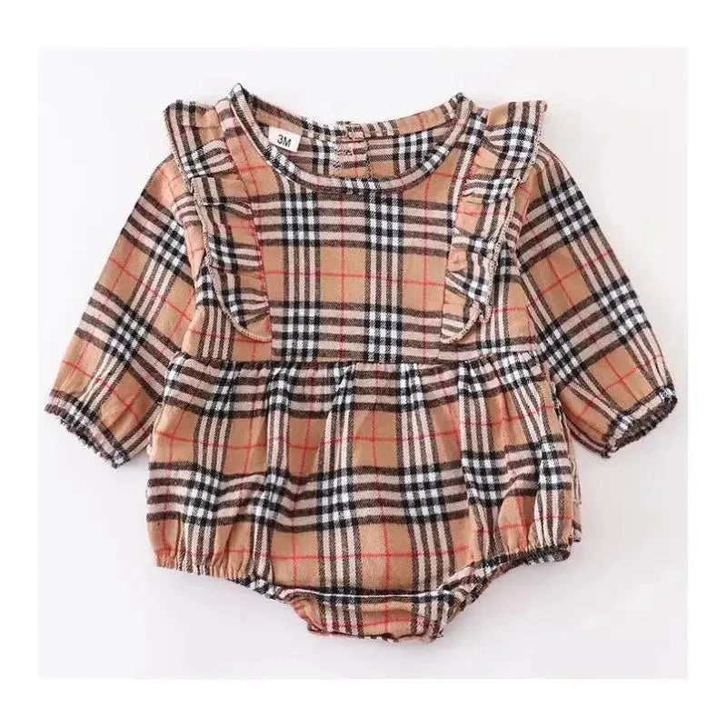 Honeydew – Beige Plaid Ruffle Baby Romper