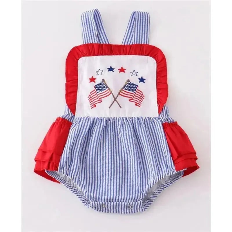 Honeydew – Blue Patriotic Seersucker Flag Embroidery Girl Bubble