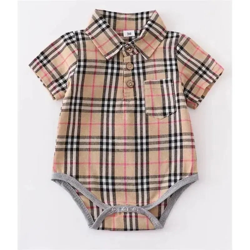 Honeydew – Brown Plaid Button Down Baby Romper