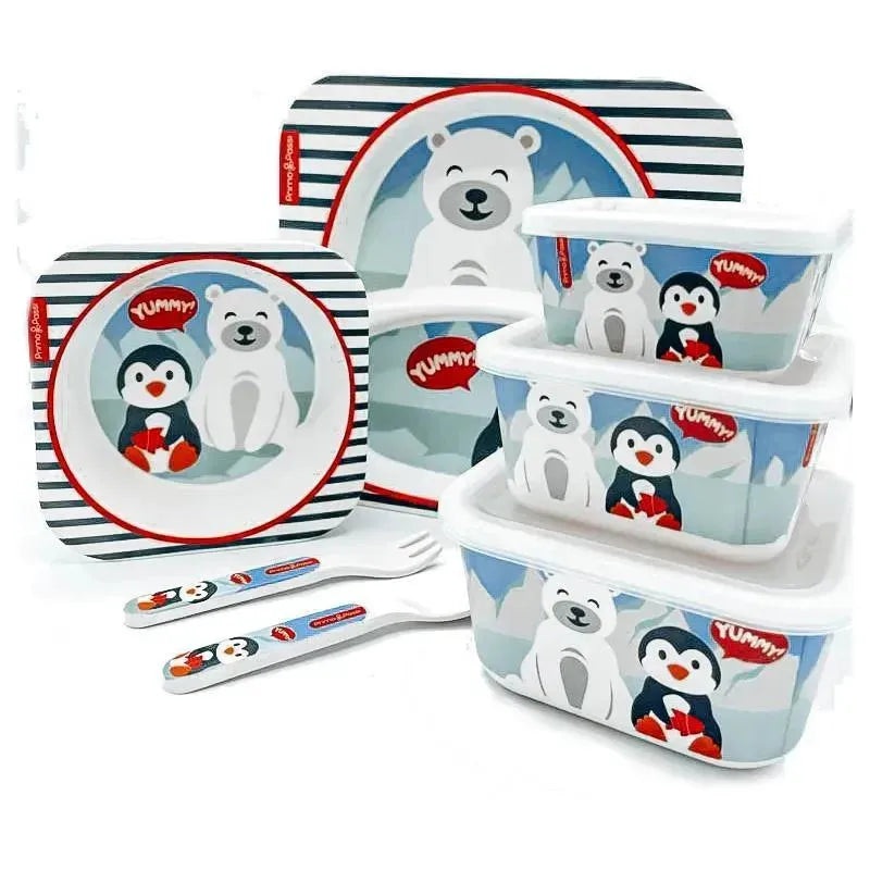 Primo Passi – Bamboo Fiber Kids Super Combo – Divided Square Plate, Square Bowl, Fork&Spoon, And 3 Food Container With Lids – Winter Friends