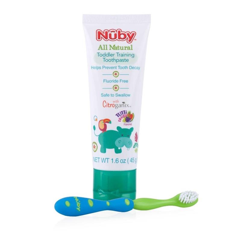 Nuby Toddler Training Toothpaste and Toothbrush, Blue/Green