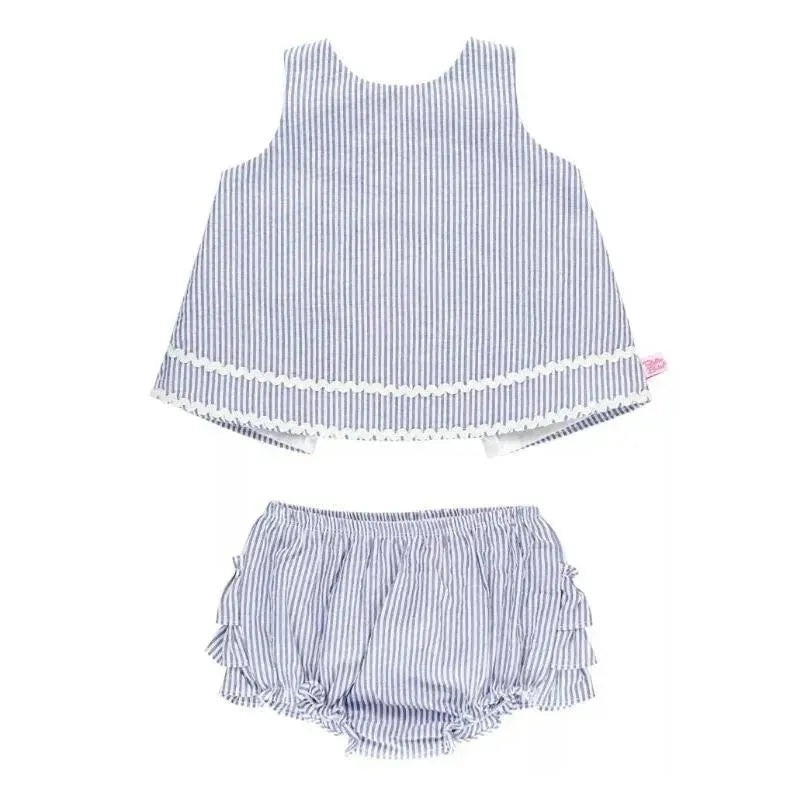 RuffleButts – Girls Blue Seersucker Ric Rac Swing Top & Bloomer Set