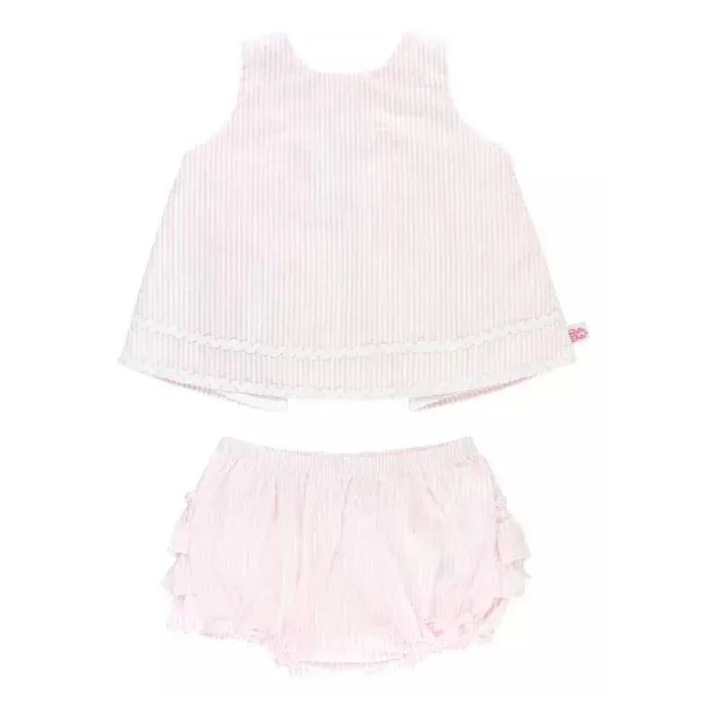 RuffleButts – Girls Pink Seersucker Ric Rac Swing Top & Bloomer Set