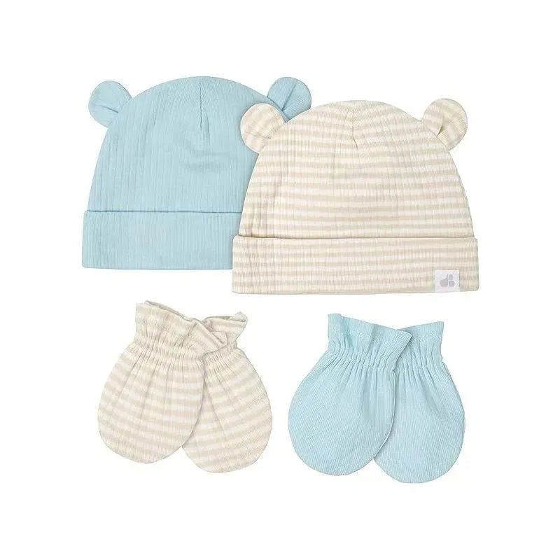 Just Born – 4Pk Baby Boy Caps & Mittens Set, Blue & Stripe