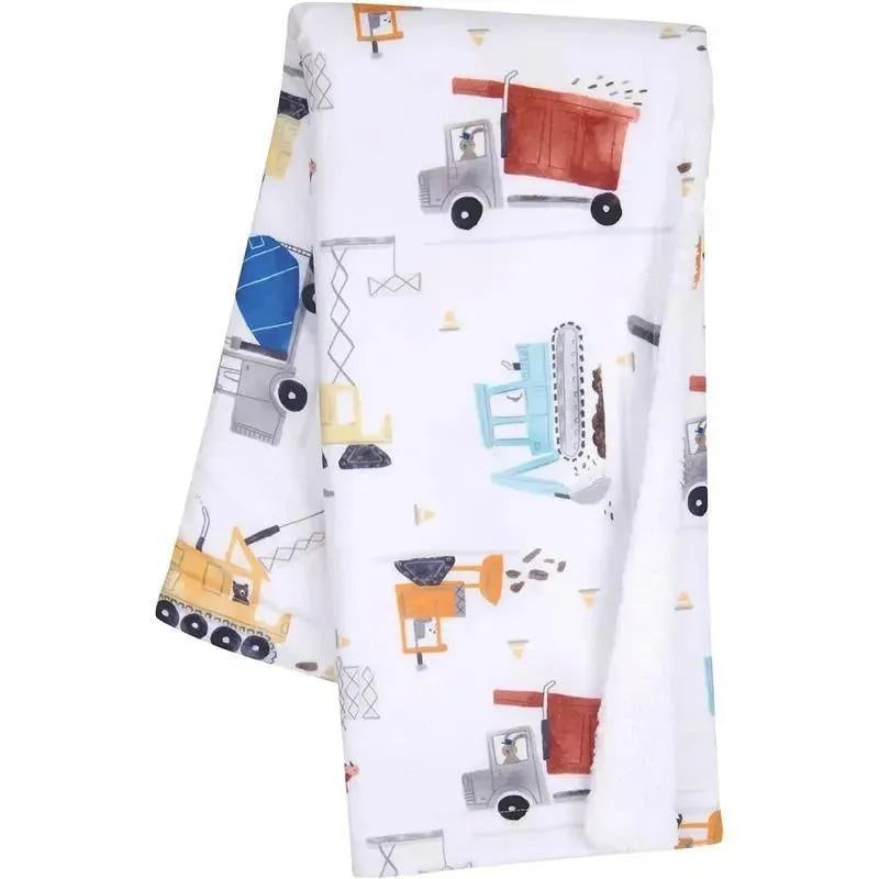Lambs & Ivy – Construction Zone White Cozy Fleece Trucks Baby Blanket