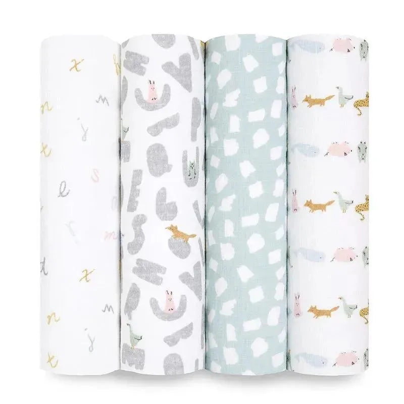 Aden + Anais – 4Pk Muslin Swaddles Alphabet Animals