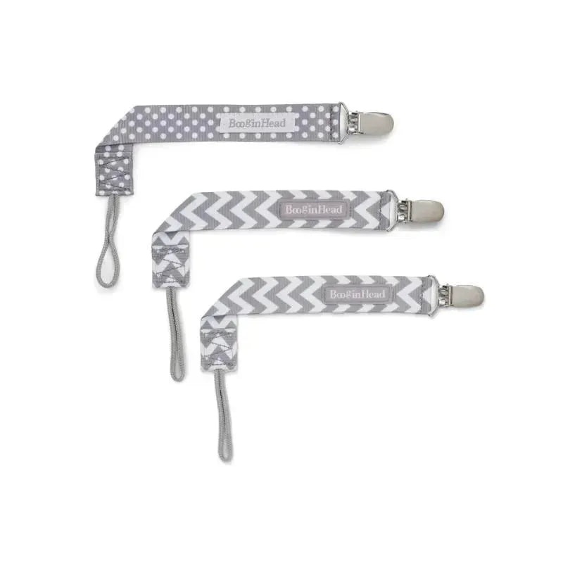Booginhead – 3-Pack Pacifier Clips – Grey Dots & Chevron