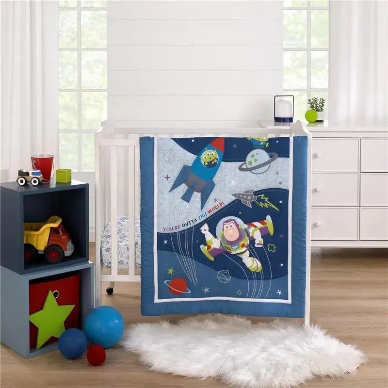 Nojo – Disney Toy Story Outta This World Blue and Gray Buzz Lightyear 4 Piece Nursery Crib Bedding Set – Comforter, Fitted Crib Sheet, Changing Pad