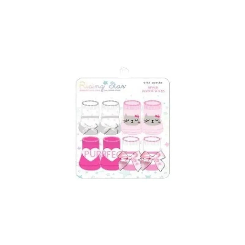 Rising Star Baby Girl Booties 4Pk, Light Pink Cat, White with Ribbon 0-12M