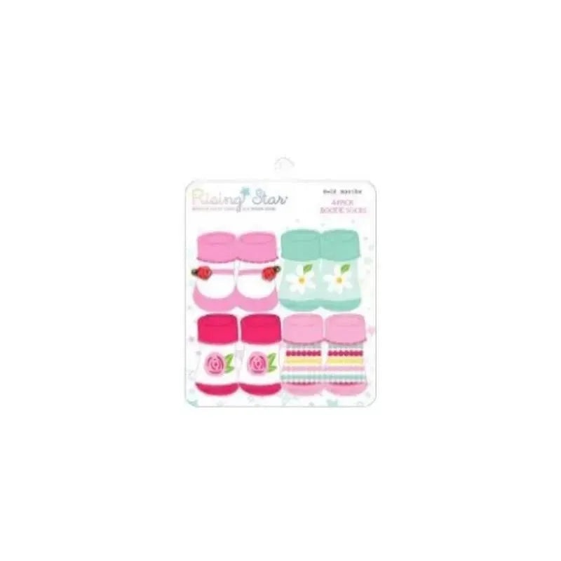Rising Star Baby Girl Booties 4Pk, Mint & Pink Flowers 0-12M