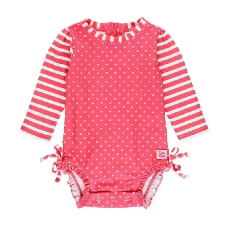Rufflebutts – Hot Pink Heart Long Sleeve One Piece Rash Guard, Pink