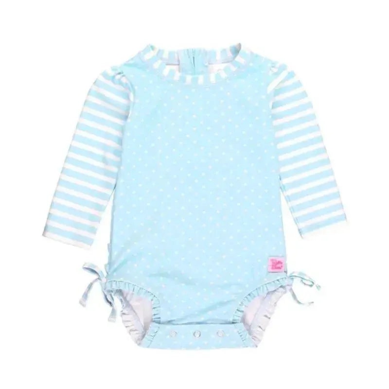 Rufflebutts – Tropical Breeze Heart Polka Dot Long Sleeve Rash Guard, Blue
