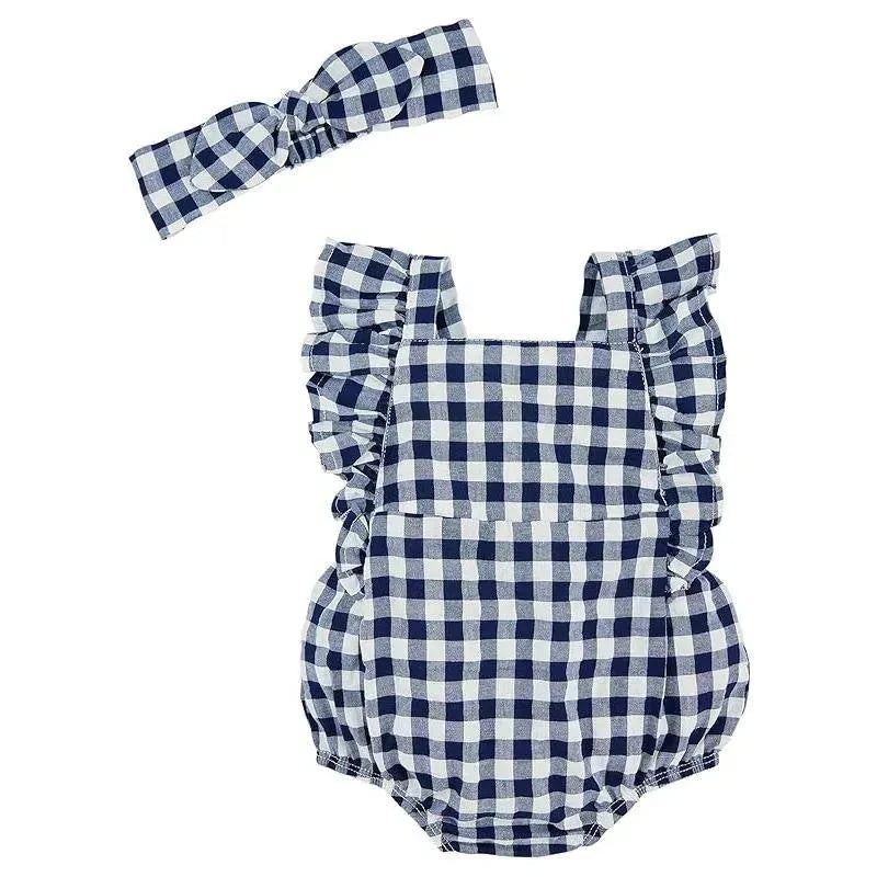 Mud Pie – Baby Girl Navy Gingham Bubble & Headband Set
