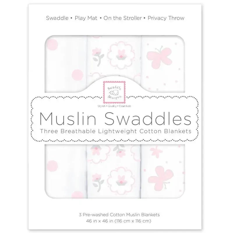 Swaddle Designs – 3Pk Muslin Swaddle Blankets, Butterflies & Posies