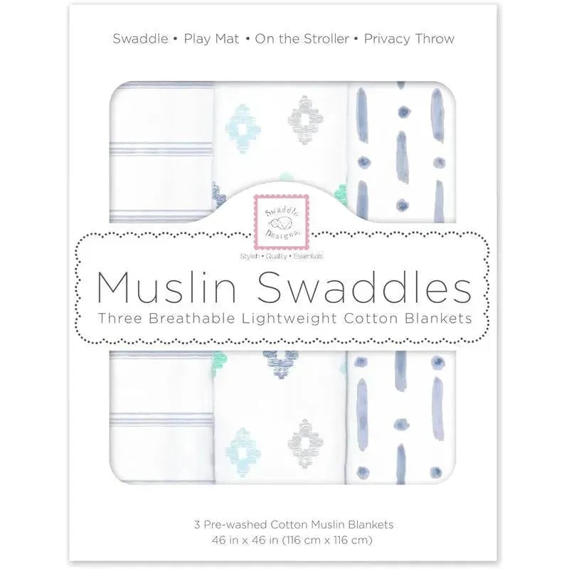 Swaddle Designs – 3Pk Muslin Swaddle Blankets, Indigo Denim