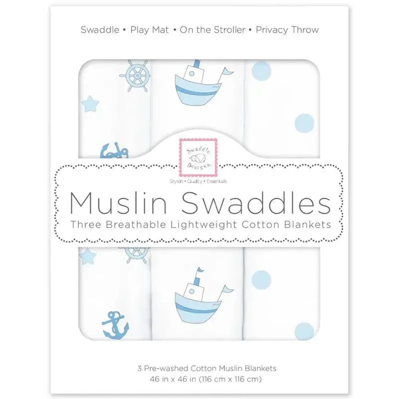 Swaddle Designs – 3Pk Muslin Swaddle Blankets, Little Ships