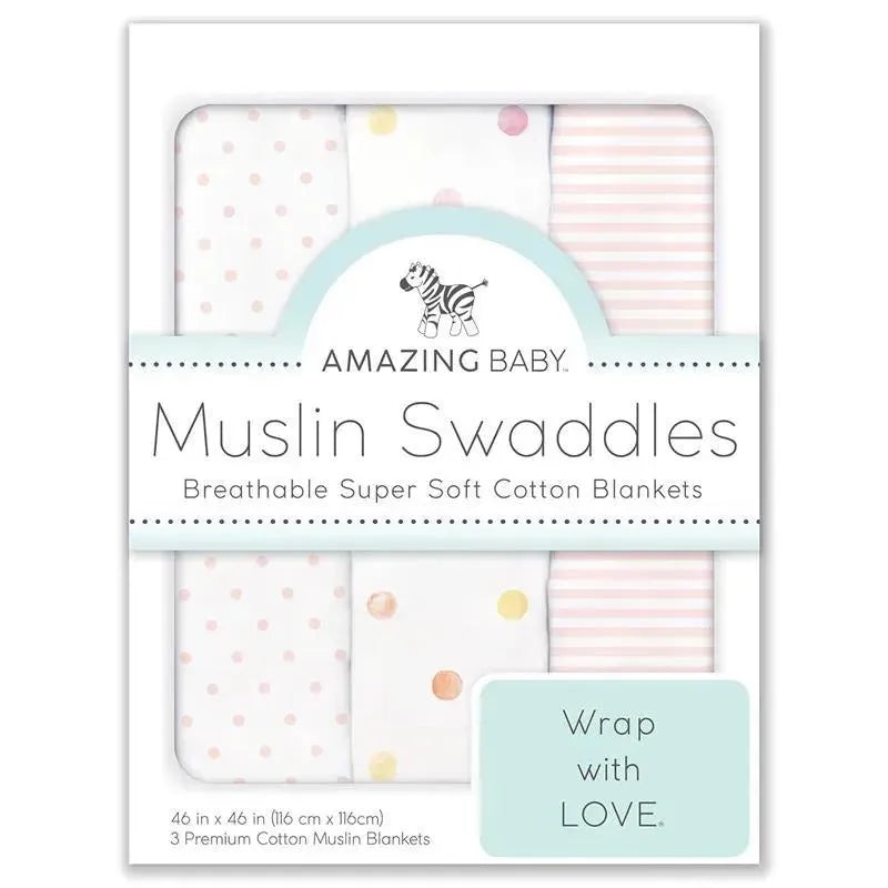 Swaddle Designs – 3Pk Muslin Swaddle Blankets, Pink Party