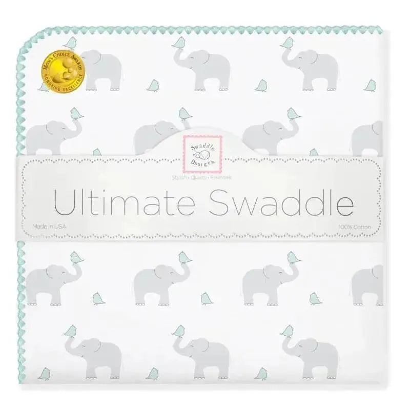 Swaddle Designs – Ultimate Swaddle Blanket, Elephant & Chickies, Seacrystal