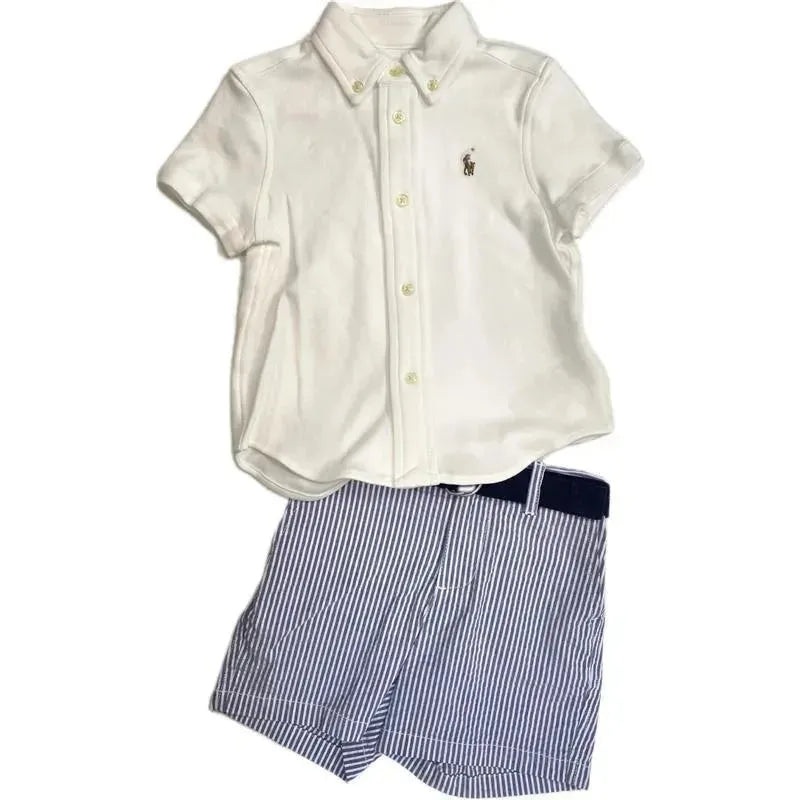 Ralph Lauren – Short Sleeve Interlock Knit SportShirt W/ Seersucker Short Set 12M, White