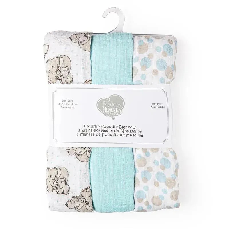 Rose Textiles – 3 Pack Baby Muslin Swaddle Blanket, Elephant Blue