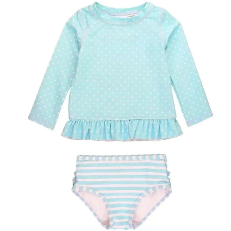 Rufflebutts – Tropical Breeze Heart Polka Long Sleeve Rash Guard Bikini, Blue