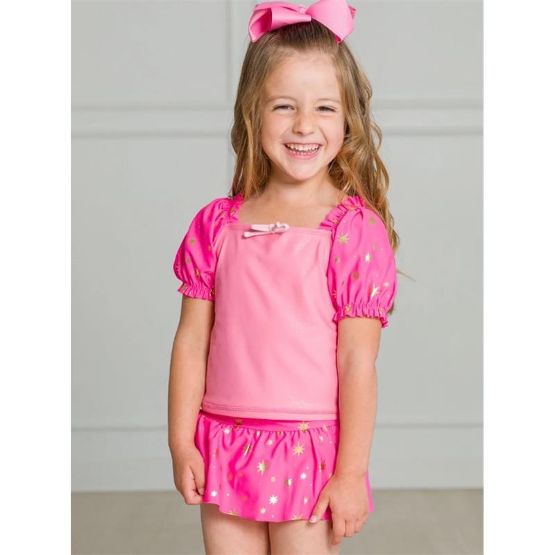 Rufflebutts – Baby Girl Puff Sleeve Skirted 2 Piece Swimsuit Royal Pink Princess