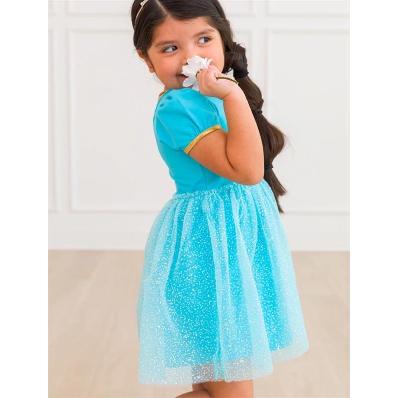 Rufflebutts – Baby Girl Short Sleeve Princess Bow Twirl Dress Teal Golden Princess