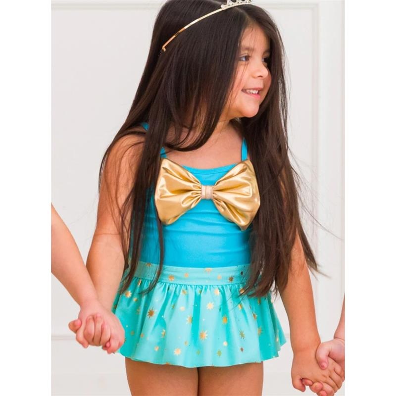 Rufflebutts – Baby Girl Teal Golde Princess Big Bow Skirted One Piece Swimsuit