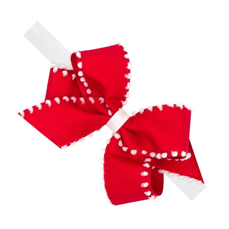Wee Ones – Baby Girls’ Holiday Style Pom-Pom Edge Grosgrain Overlay Hair Bow on Nylon Hair Band