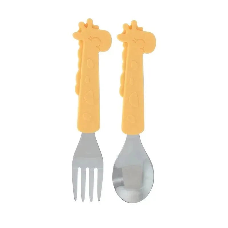 Nuby – Silicone Stainless Steel Giraffe Fork & Spoon – Yellow