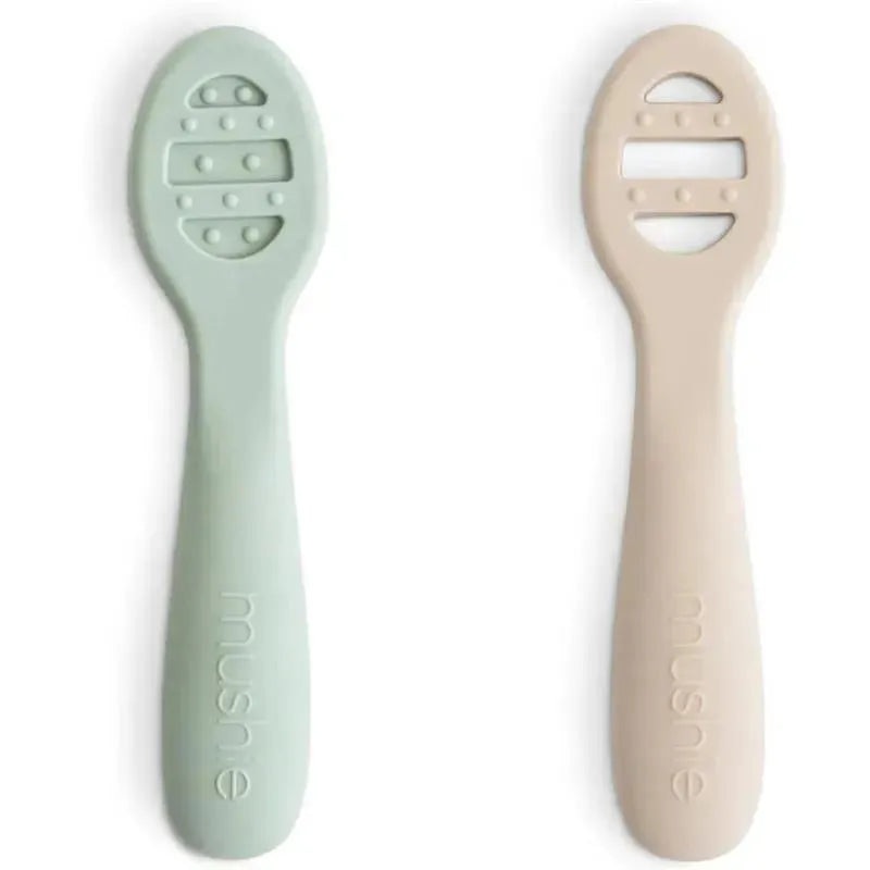 Mushie – Silicone First Feeding Baby Spoons, 2 Pack, Cambridge Blue, Shifting Sand