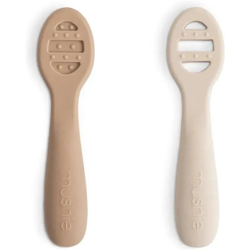 Mushie – Silicone First Feeding Baby Spoons, 2 Pack, Natural, Shifting Sand
