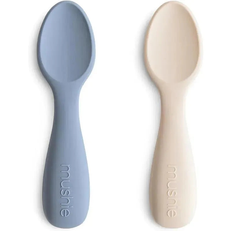 Mushie – Silicone Toddler Starter Spoons, 2 Pack, Tradewinds/Shifting Sand