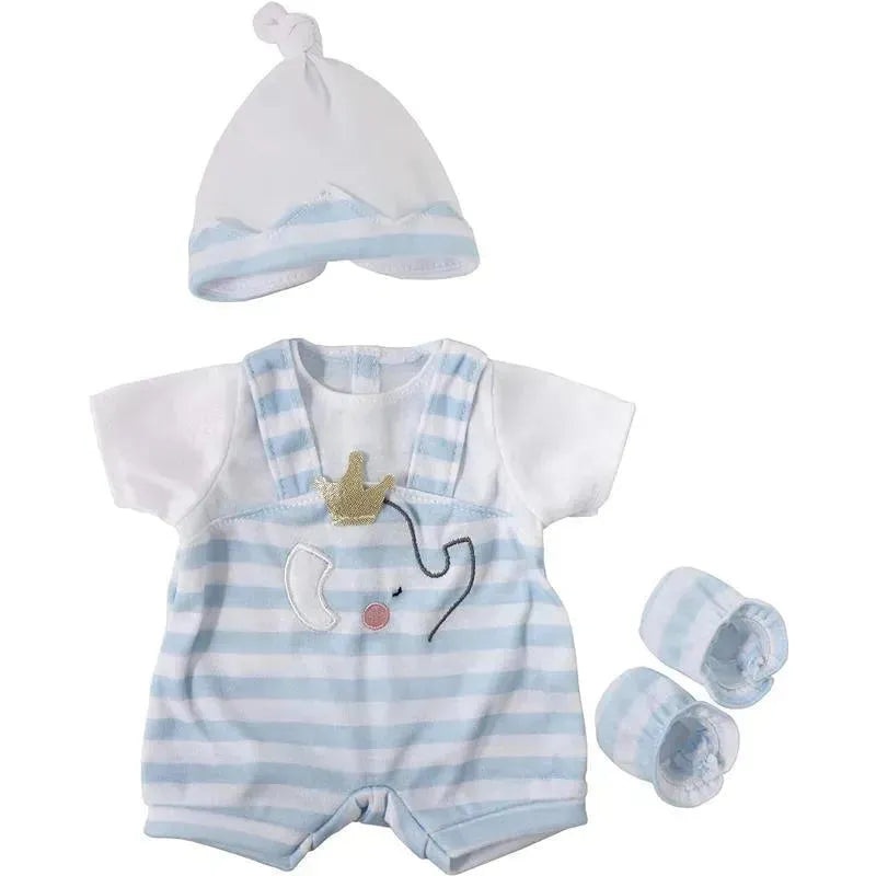JC Toys – Berenguer Boutique Baby Doll Outfit, Blue Stripes and White Overall Shorts with Headband, and Booties, Ages 2+