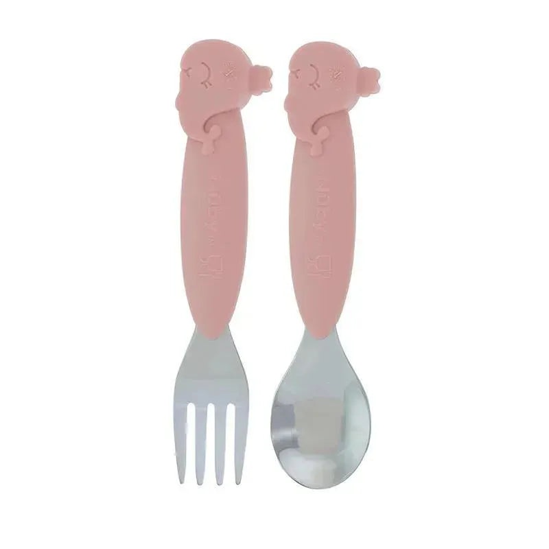 Nuby – Silicone/Stainless Steel Whale Fork & Spoon, Pink