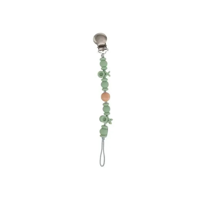Nuby – Silicone/Wood Beaded Pacifier Clip Holder With Stainless Steel Clip, Xo