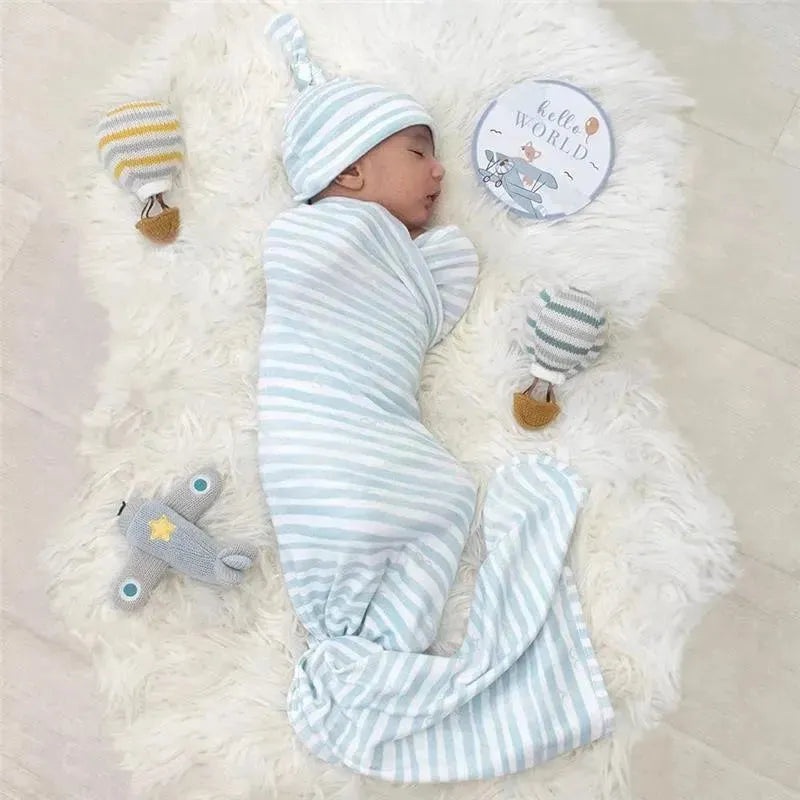 Living Textiles – Baby Gift Set, Hello World, Premium Cotton Jersey Swaddle and Beanie, Blue Bird Stripes
