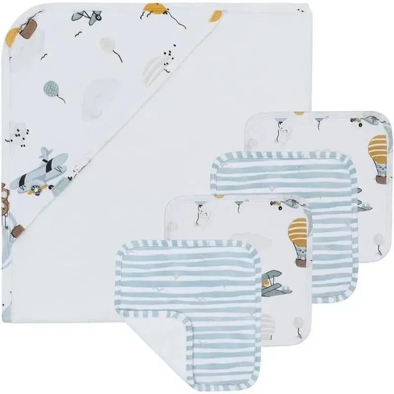 Living Textiles – Baby Hooded Towel 5pc Bath Gift Set, Up up and Away, Blue