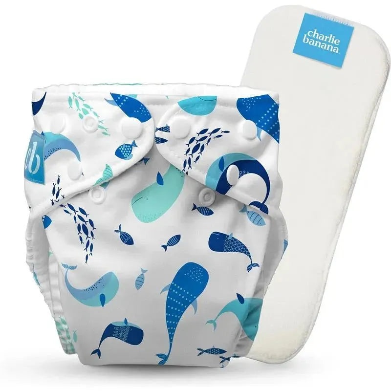Charlie Banana – Reusable Washable Cloth Diaper, Adjustable One Size, The Whale on White