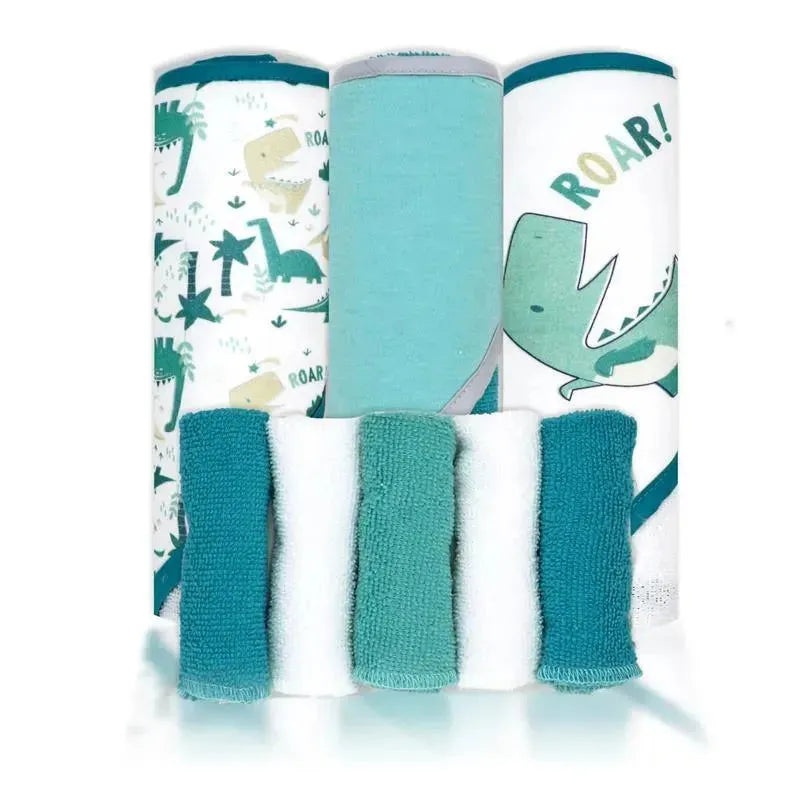 Rose Textiles- 8Pc Bath Set – 5 Hooded Towels W/ 3 Washcloths, Dino