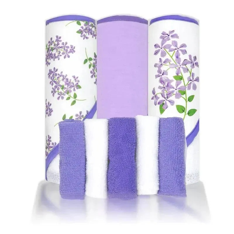 Rose Textiles – 8Pc Bath Set – 5 Hooded Towels W/ 3 Washcloths, Purple Floral