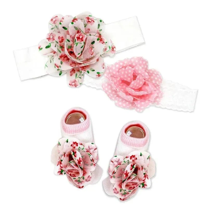 Rose Textiles- 3 Pc Socks And Bowties Set, Pink Flowers