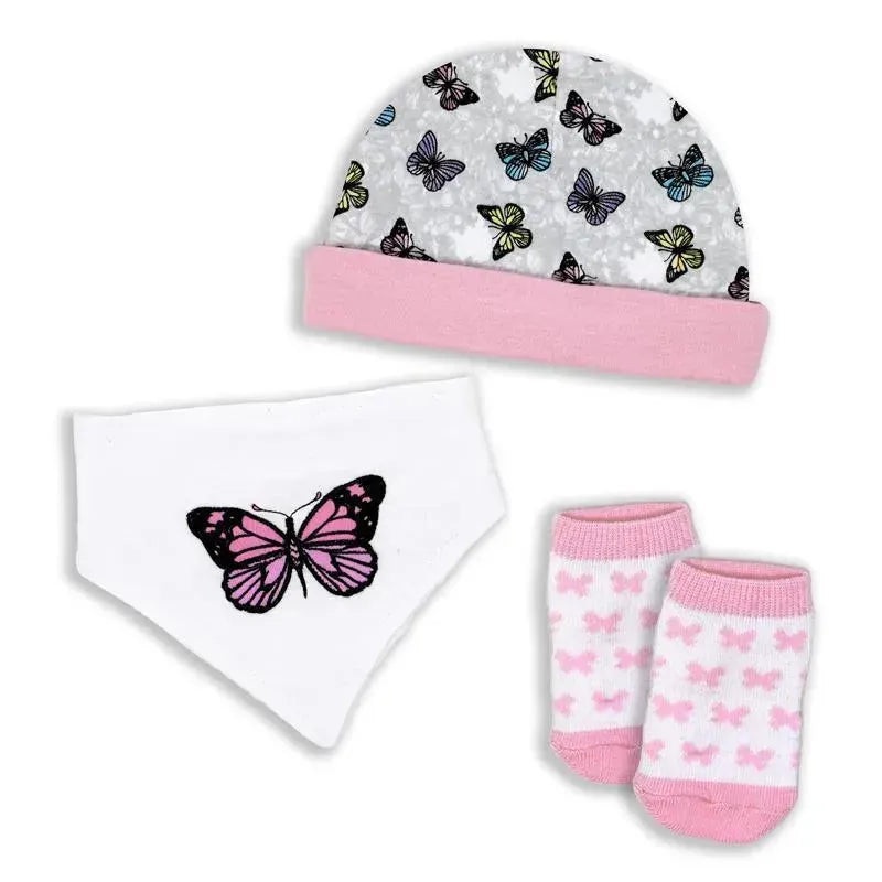 Rose Textiles – 3 Pcs Socks, Hat And Bib, Pink Butterfly