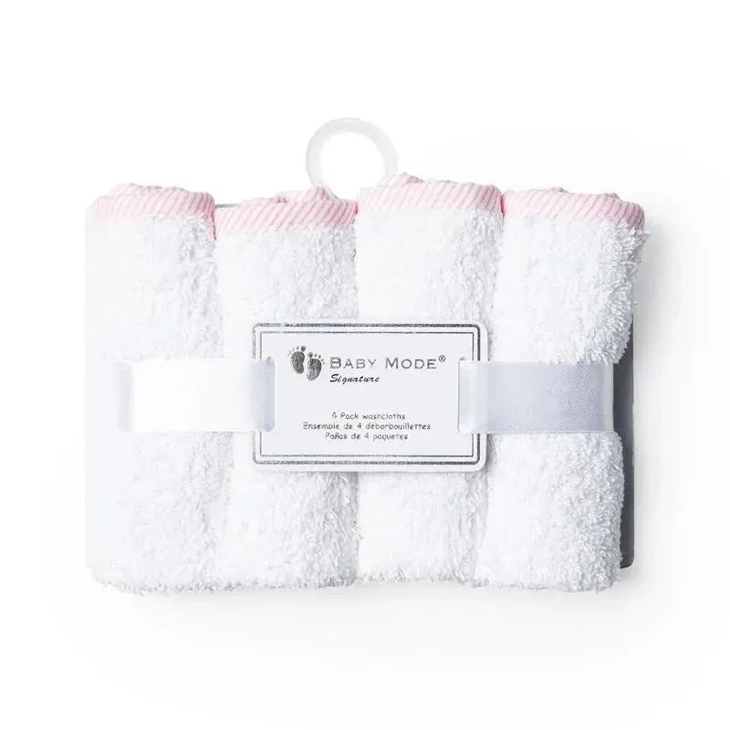 Rose Textiles – Solid Washcloth With Striped Trim, Pink