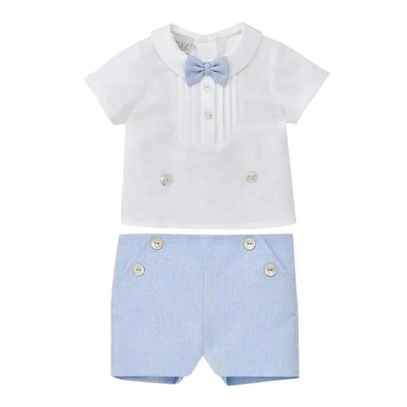 Paz Rodriguez – 2Pk Baby Set Woven Newborn Blouse & Short, White/Sky Blue