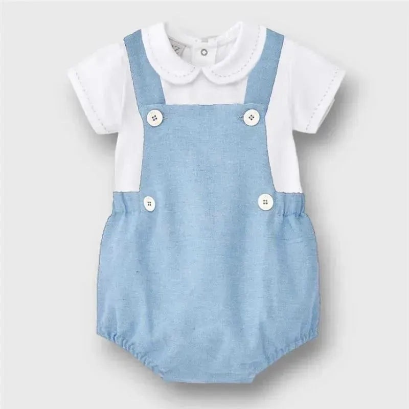 Paz Rodriguez – 2Pk Baby Set Woven Newborn Romper & T-Shit, White/Chalk Blue