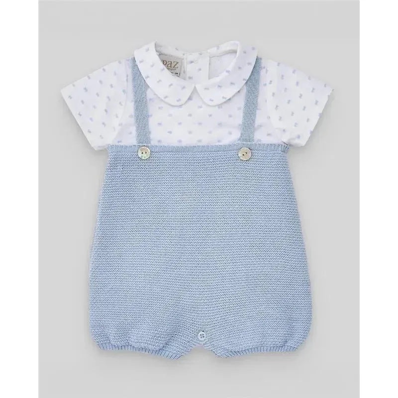 Paz Rodriguez – Baby Boy Knit Newborn Romper, Sky Blue/White